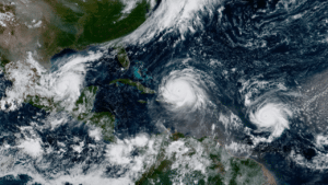 GOES 16 captured this image of three Atlantic hurricanes simultaneously: Katia (L), Irma (M), and Jose (R). Photo: NOAA.