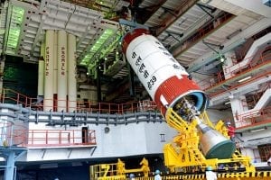 PSLV-C39 liquid stage at the Vehicle Assembly Building during vehicle integration. Photo: ISRO.