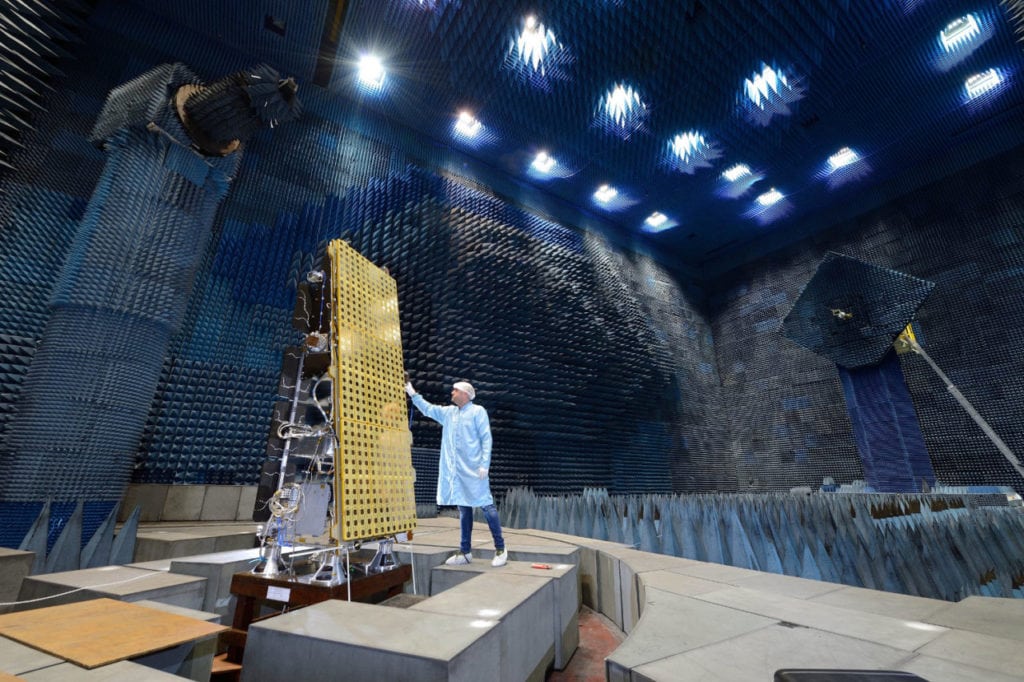 NovaSAR-S in the anechoic chamber for electromagnetic compatibility (EMC) testing and SAR payload testing. Photo: SSTL.