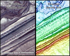 Left: Stereo WorldView satellite photo of a mine site access road and utility corridor. Right: 50cm PhotoSat survey grid. The new PhotoSat processing shows fine topographic details. Photo: PhotoSat.