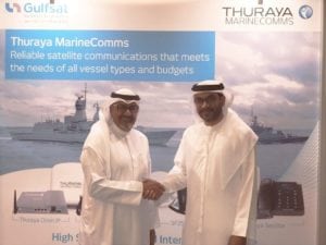 Fahad Kahoor, Thuraya director of market development and Mohammad Al-Haj, Gulfsat chairman and CEO, during the signing of the agreement at OPV Middle East. Photo: Thuraya.