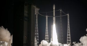 The light-lift Vega ascends from the Spaceport's SLV launch complex with the Mohammed 6-A satellite. Photo: Arianespace