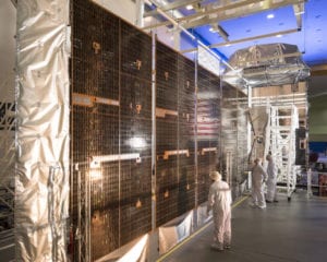 MUOS SV 3 (MUOS 5) final SAWA installation at Lockheed's satellite manufacturing facility. Photo: Lockheed Martin.