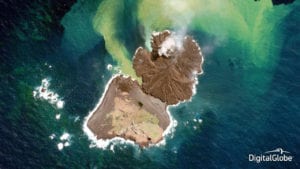 An island, Nishinoshima, rises out of the Pacific Ocean off the coast of Japan in this December 31, 2013 image captured by WorldView 2. Photo: DigitalGlobe.