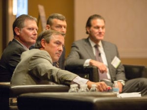 L-R: David Hartshorn, Secretary General, GVF; John Zban, Chief Information Officer, Satcom Direct; Norm Balchunas, Senior Director of Defense/Cybersecurity Services and Connectivity, Honeywell Aerospace; Bruce Chesley, Senior Director of Strategy, Boeing Space & Missile Systems. Photo: Access Intelligence/Vince Lim.