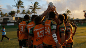 Easter Island's rugby team celebrates post-match. Photo: Global Teleports.