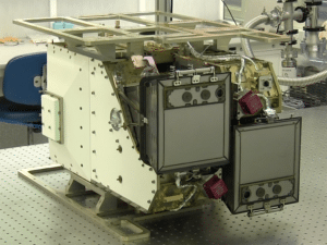 The high-resolution, far-ultraviolet imaging spectrograph for the GOLD mission on a clean-room bench at University of Colorado Boulder’s Laboratory for Atmospheric and Space Physics (CU/LASP). Photo: LASP/GOLD.