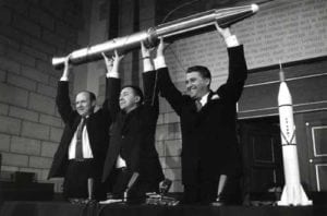 The creators of Explorer 1 holding a model of it on the press conference at launch day, February 1, 1958. L-R: William Pickering, James Van Allen, Wernher von Braun. Photo: NASA.