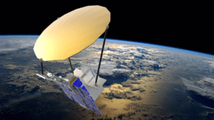 Rendition of the NSLSat 1 with its dish-shaped antenna. Photo: Clyde Space.