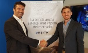 Regional sales director Fabian Burgos of Newtec (left) with Pablo Mosiul, CEO of Orbith. Photo: Newtec.