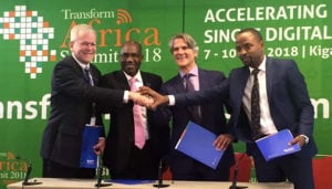 From left: Peter Hadinger, CTO at Inmarsat, Hamadoun Toure, executive director of Smart Africa secretariat, Greg Curtin, CEO of CivicConnect, and the minister of ICT Rwanda