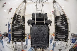 The US Air Force’s SBIRS GEO Flight-4 satellite, built by Lockheed Martin, completed encapsulation on January 9, 2018. Photo Credit: Lockheed Martin