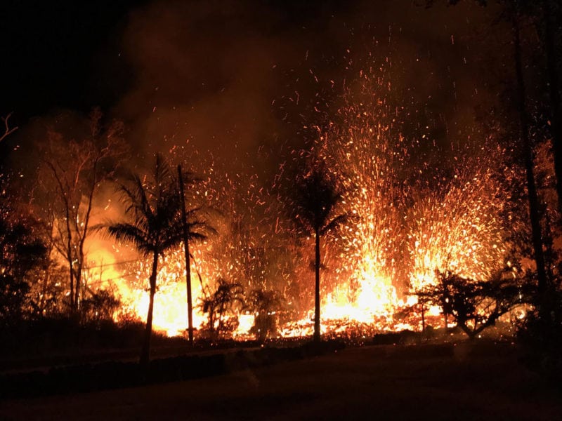 A new fissure erupted in the evening of 5/5/18, beginning with small lava spattering at about 8:44 p.m. local time. By 9:00 p.m., lava fountains as high as about 70 m (230 ft) were erupting from the fissure. Photo: United States Geological Survey