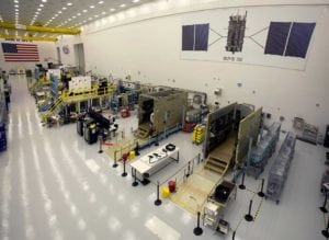 GPS III satellites in production at Lockheed Martin's GPS III Processing Facility near Denver