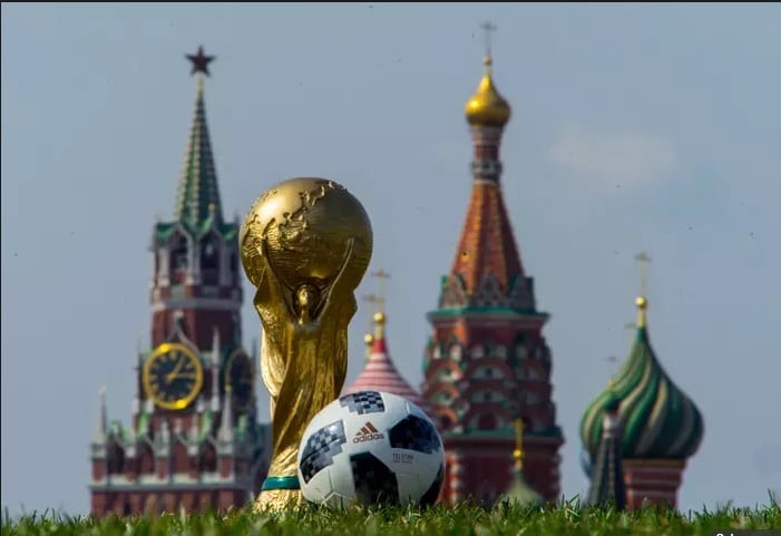 The FIFA World Cup and official ball with Moscow's Saint Basil's Cathedral as a backdrop. 