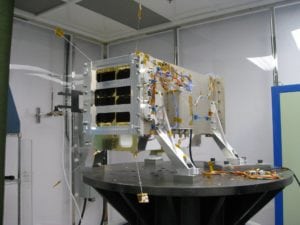 GHGSat's Claire satellite during vibration testing, ahead of launch. Source: GHGSat