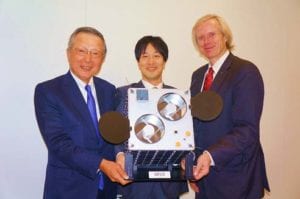 JSAT’s Shinji Takada, Axelspace’s Yuya Nakamura, KSAT’s Rolf Skatteboe (left to right). Photo: SKY Perfect JSAT