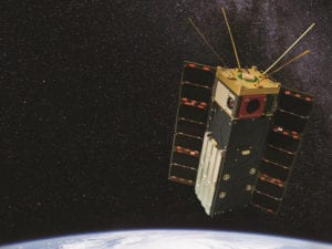 A composite illustration of the HyperAngular Rainbow Polarimeter satellite. Photo: NASA and SDL