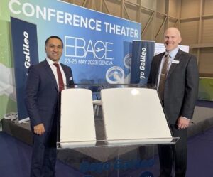 Shuaib Shahid, left, head of international sales for Gogo, and Mark Sander, right senior vice president of sales for Gogo with the newly announced Gogo Galileo FDX antenna on the right and the smaller Gogo Galileo HDX antenna on the left. Photo: Gogo