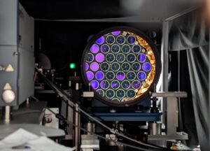 Reflection of the laser retroreflector array through the testing apparatus. Photo: NASA/Zach Denny