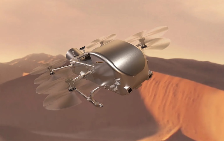 Rendering of the Dragonfly rover on Saturn’s moon Titan. Photo: NASA/Johns Hopkins APL/Steve Gribben