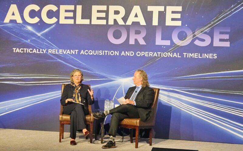 U.S. Space Force Chief Science Officer Stacie Williams, left, addresses the National Security Space Association Defense and Intelligence Space conference in Reston, Va., Feb 11, 2025, with moderator Jeff Gossel (right), former technical director for space and missiles at the National Air and Space Intelligence Center. Photo: Shaun Waterman for Via Satellite